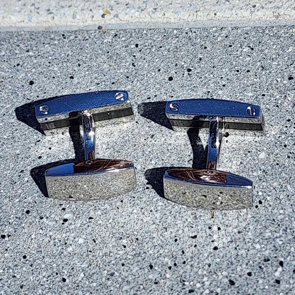 Vintage Rectangle Diamond Polished Stainless Steel Titanium 18k Gold Cufflinks - Picture 6 of 12